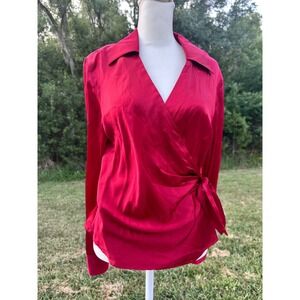 Boston Proper Silk Wrap Tie Blouse Top Women 10 Red Vacation Party